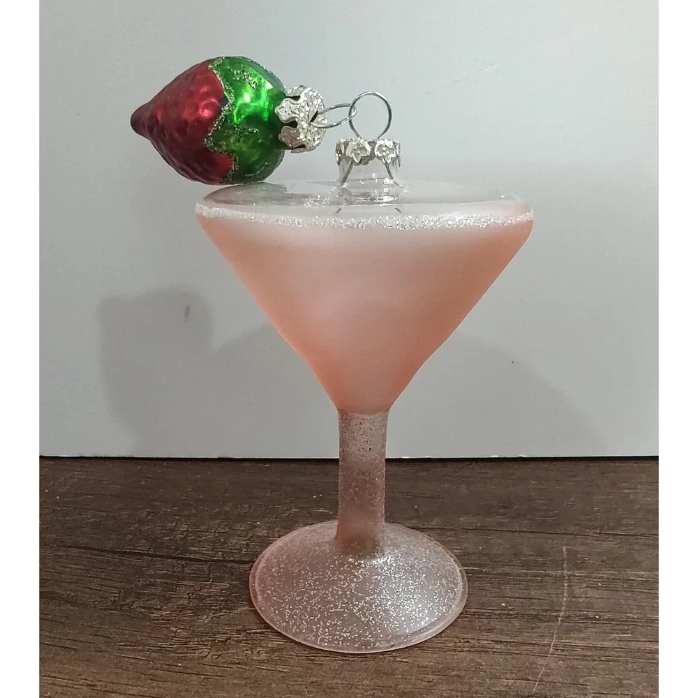 Pink Glittery Clear Frosted Glass Martini Ornament Strawberry Garnish A10